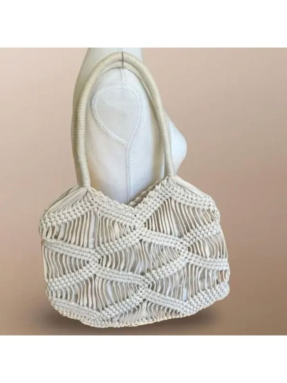 Boho Coastal Cream Woven Macrame Shoulder Tote Bag